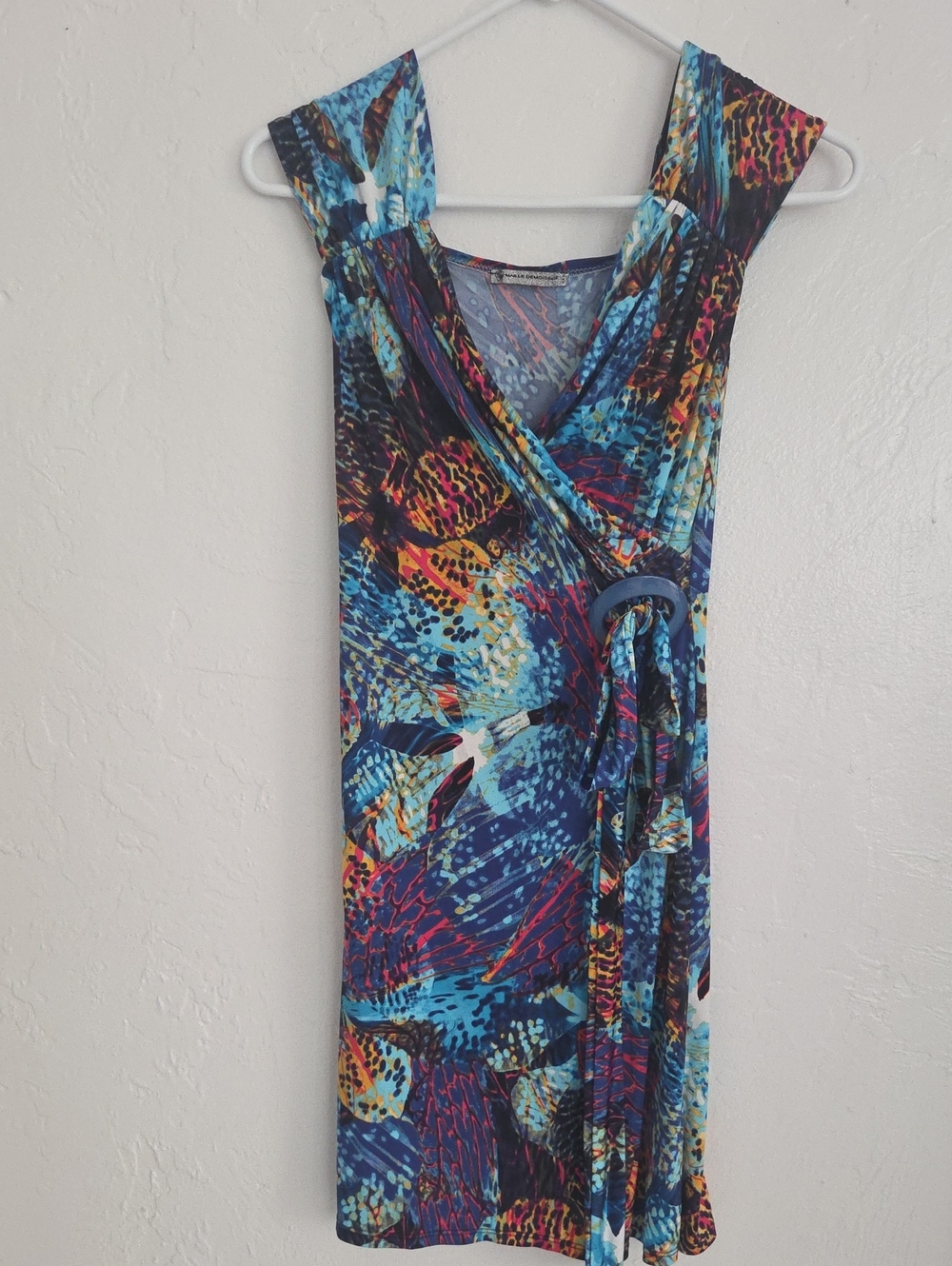 Vibrant Blue Multi-Print Wrap Dress with Tie Detail